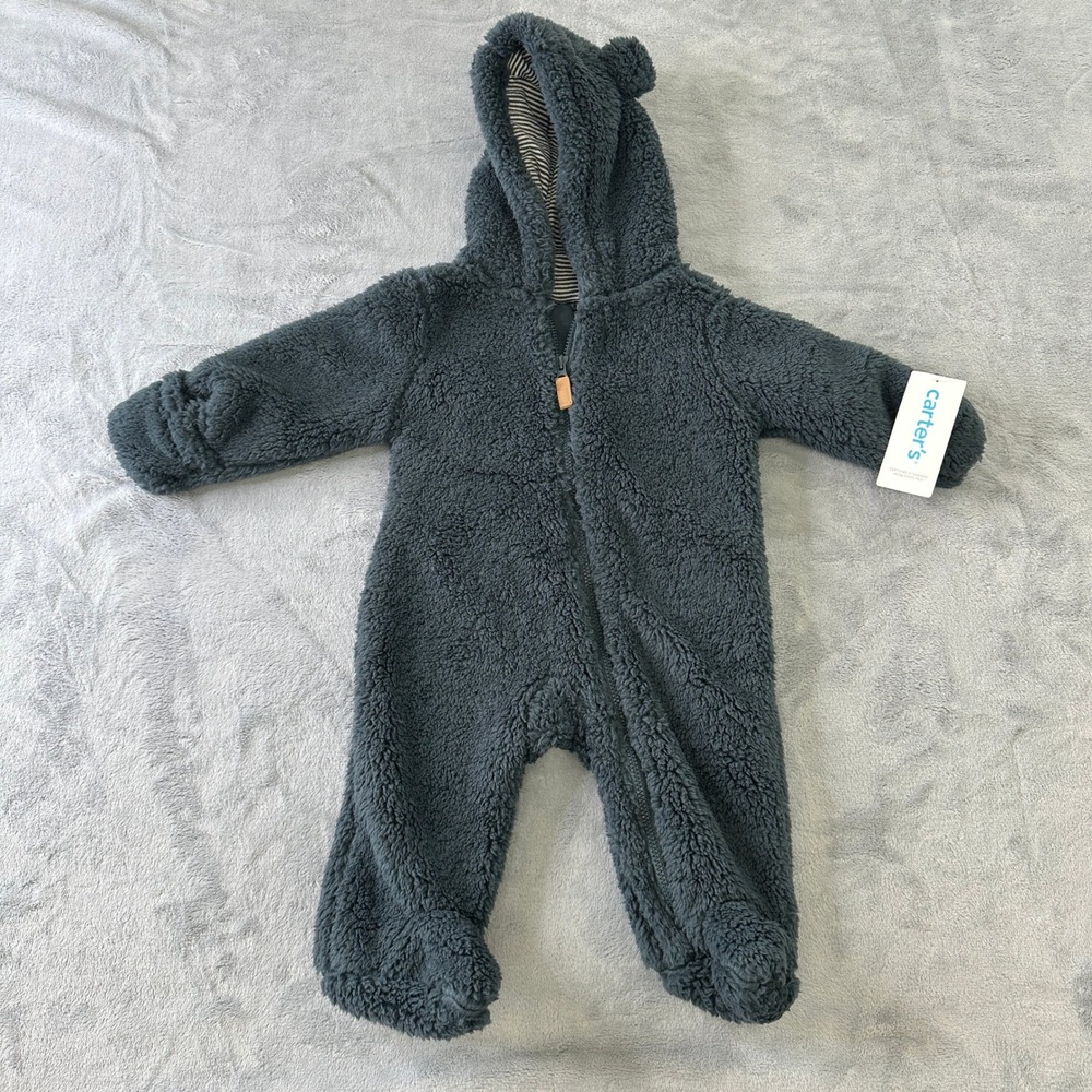 NWT Carters Baby Sherpa Fleece Pram Suit Hooded Bear Ears Grey 3M 1N997910